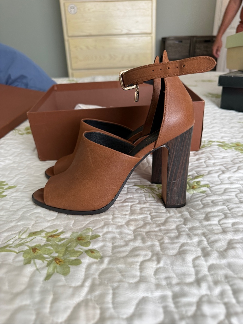 Leather Ankle-Strap Peep Toe Sandals in Cognac - Picture 2 of 7